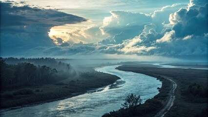 Naklejka premium River flowing upward into illuminated clouds