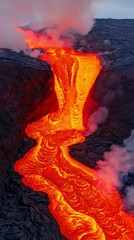 A mesmerizing flow of molten lava cascades down a volcanic landscape, emitting vibrant orange hues and billowing smoke.