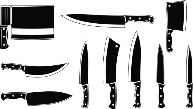 Kitchen knife silhouette illustration set with cleaver and chef knives, black and white cutlery collection for cooking, restaurant and culinary design vector