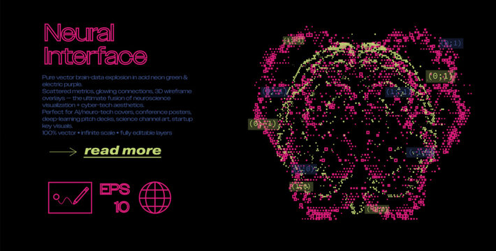 Acid green and purple particle brain, scattered glowing metrics, 3D wireframe overlays, and annotated neural connections. Conceptual vector illustration for neural interface, neuroscience.