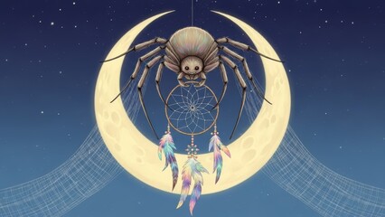 Spider sitting on a dreamcatcher with feathers in the sky