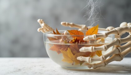 Skeleton hand with autumn leaves in glass bowl on neutral background  