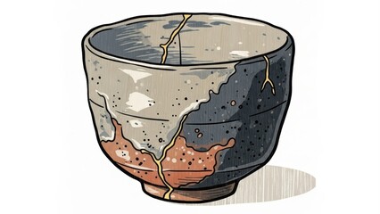 Kintsugi bowl with gold cracks on a white background