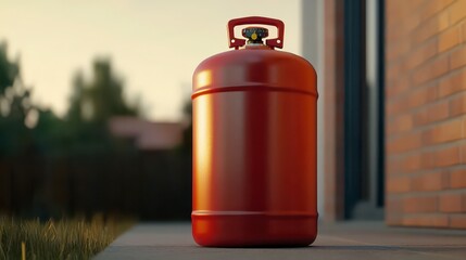 A bright red gas cylinder sits on a concrete surface outside, surrounded by greenery and a brick wall, suggesting outdoor storage or preparation for grilling.