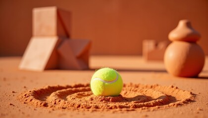 Tennis ball resting in sand surrounded by clay sculptures  