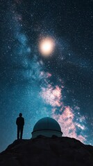 A silhouette of a person stands before a starry sky and observatory dome, gazing at the Milky Way and celestial wonders above.