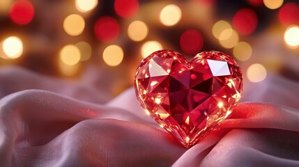 A sparkling red heart-shaped gem rests elegantly on soft fabric, surrounded by a bokeh of warm, glowing lights, evoking a romantic and luxurious atmosphere.