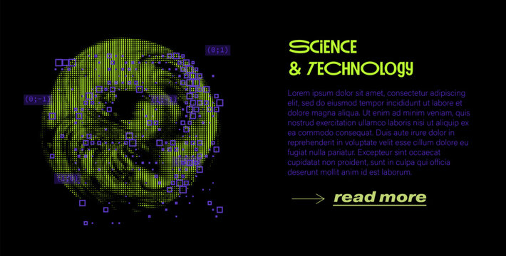 Neon green sphere made of digital pixels and purple squares on a black background. Conceptual vector illustration for science, technology, digital innovation, and futuristic tech themes.