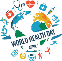 Obraz premium World Health Day Concept with Geometric Globe, Medical Icons, and Healthy Lifestyle Symbols on White Background