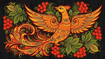 Russian Khokhloma folk art firebird on black background