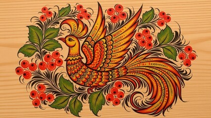 Traditional Russian firebird illustration on light wood background