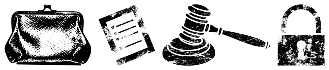 Naklejka premium Four Symbols Representing Finance, Law, and Security in Grunge Style
