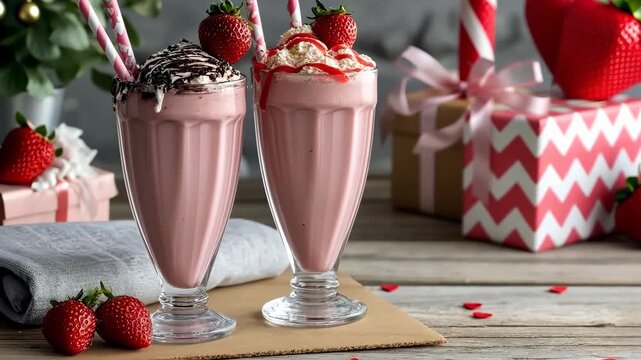 Delicious milkshakes made with fresh strawberries and topped with whipped cream and chocolate syrup in a cozy cafe setting