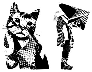Fototapeta premium Halftone Cat and Bookworm Figure in Bold Black and White Vector Art