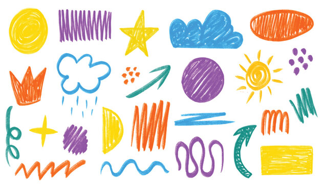 Hand drawn chalk vector element set. Crayon pencil color brush scribble pastel texture. Brush stroke kid square, crown, cloud, sun, spiral, arrow element sketch design. Crayon pencil line scribble art