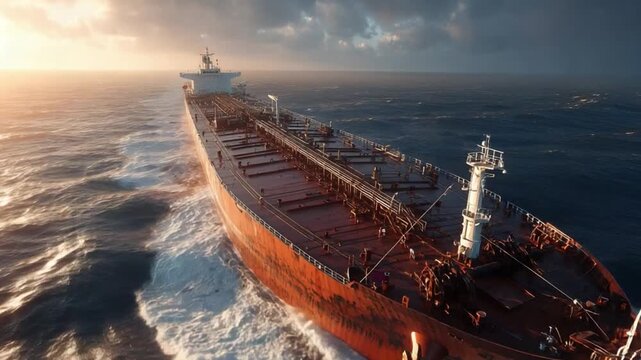 Giant Vessel Journey: A massive cargo ship embarks on its journey, navigating the vast expanse of the open sea, symbolizing global trade and maritime power. 