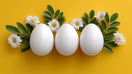 Easter eggs with flowers on a bright yellow background for spring celebration
