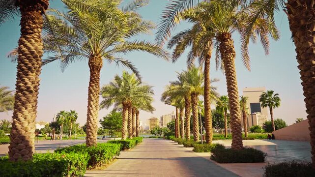 Wide angle view of a palm tree walkway in an urban park leading to the modern Jeddah Culture Square building, featuring contemporary architecture and clear blue sky.