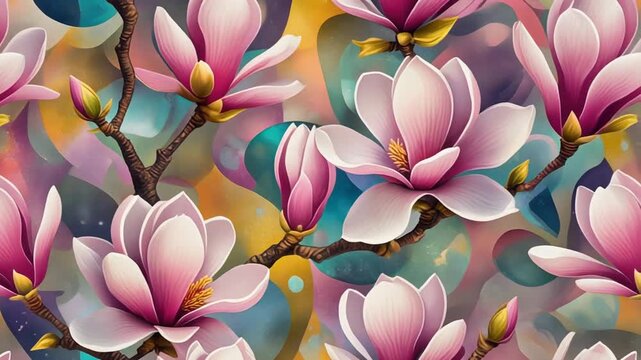 Elegant magnolia flower background with vibrant watercolor hues, seamless vector pattern