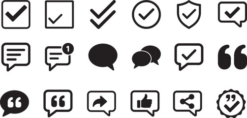 Approved checkmark box and social media chat quote line icon set for messaging, approval, and communication design. © MdMoziber