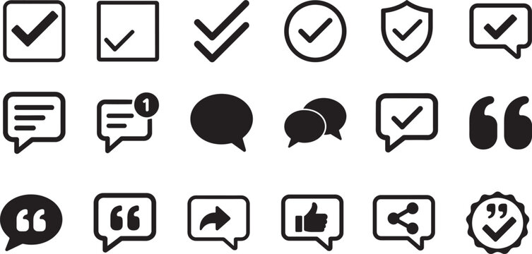 Approved checkmark box and social media chat quote line icon set for messaging, approval, and communication design.