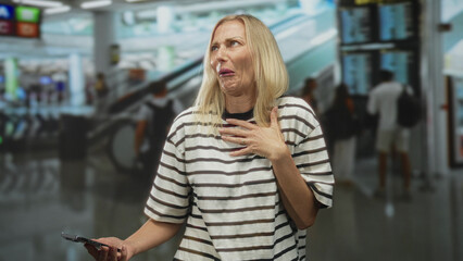 Woman, middle aged blonde, hand to chest holding smartphone, grimacing near checkin kiosks and...