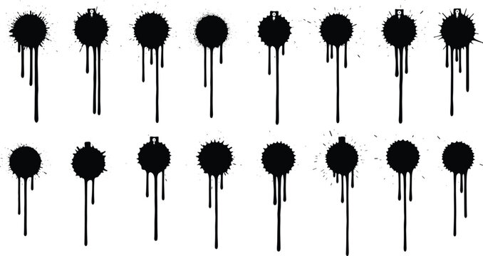 Collection of black spray paint splatters and drips, representing urban art, grunge textures, and creative design elements.