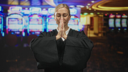 Judge woman in black robe presses palms together in prayer, eyes closed, glasses and ring visible,...