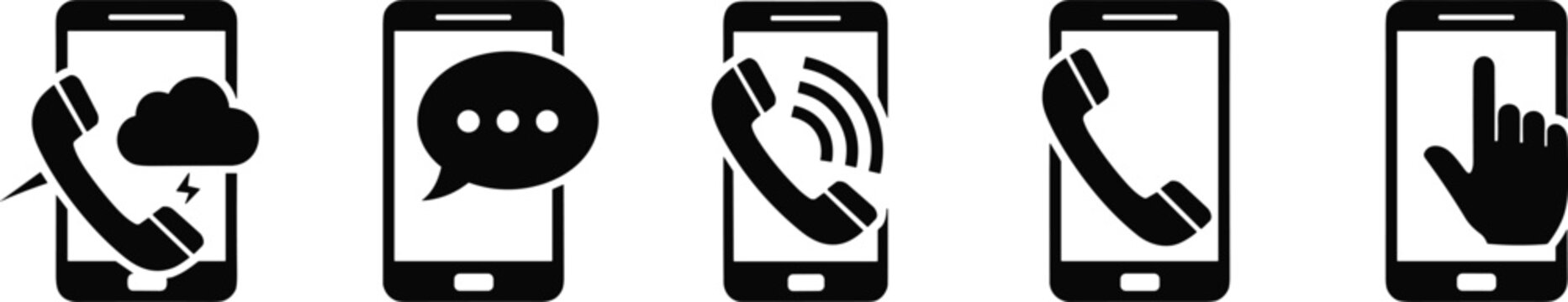 Set of black smartphone icons representing various communication actions such as calling, texting, and sending messages via cloud services.