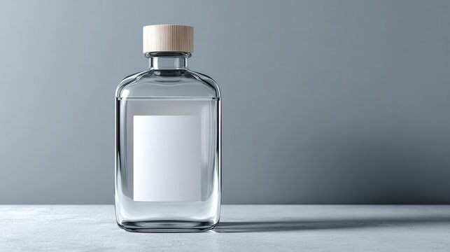 Clear glass bottle mockup with blank white label and wooden cap on a grey studio background