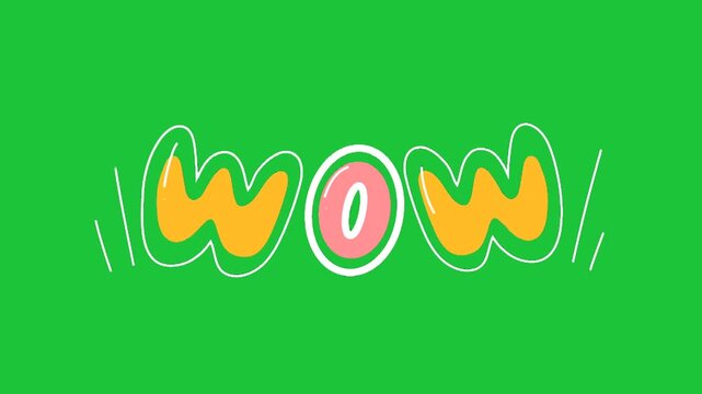 Colorful WOW text cartoon animation on green screen background, comic style expression graphic, fun typography loop for chroma key use