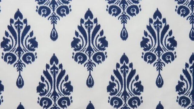 Repeating deep blue ornate floral damask pattern on a textured white fabric