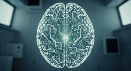 Brain outline overlaid with circuits in sterile futuristic medical environment