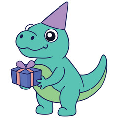Cute cartoon dinosaur wearing a party hat and holding a gift box, perfect for birthday celebrations and children's events