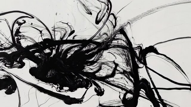 Abstract expressionist ink painting with bold black strokes on white