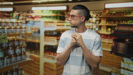 Fototapeta premium Man wearing red glasses and striped t shirt in a supermarket aisle fidgets with his fingers and a small ring inside a store building; pensive decision.
