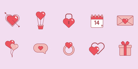 Valentine Day Heart Icon Set Collection in Flat Line Style