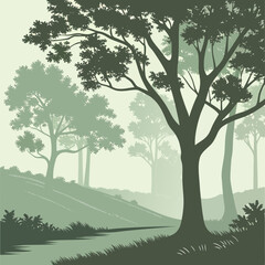 Obraz premium Misty Forest Morning Landscape with Soft Flat Vector Style