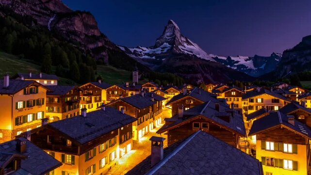 View of old village in twilight time with matterhorn peak background in zermatt
