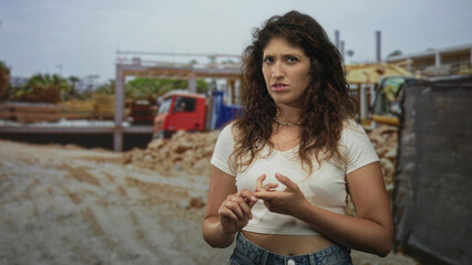 Woman counting on her fingers and fidgeting at a construction site in front of building frames, wearing a cropped white top and denim jeans; concern.