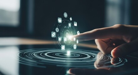 Finger touches glowing tech interface on dark surface with digital icons