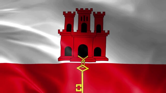 Gibraltar flag waving featuring the castle and key emblem a symbol of British Overseas Territory and its history perfect for travel and national pride themes