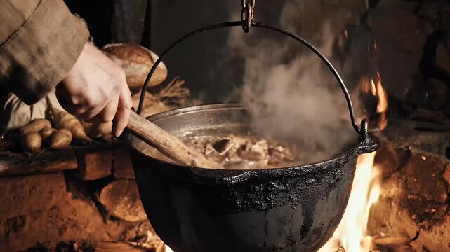 Black cauldron boiling over open fire with rising steam
