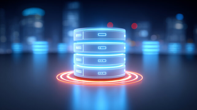 Glowing database server stack in urban skyline symbolizing cloud computing infrastructure, data warehousing and scalable IT operations.
