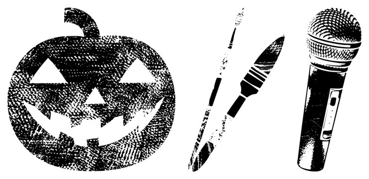 Halloween Pumpkin, Paintbrush, and Microphone in Halftone Vector Set