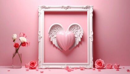 Obraz premium Pink winged heart in white ornate picture frame with scattered rose petals on solid pink background, romantic Valentine love symbol.