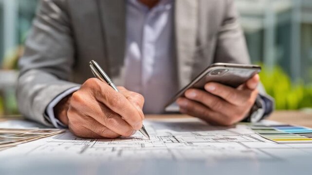 Focused Business Acumen: A discerning professional, pen poised, meticulously reviews important documents and smartphone, symbolizing attention to detail, precision, and strategic decision-making.