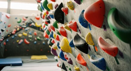 Indoor climbing wall with colorful holds, focus on right side