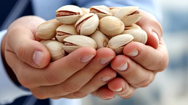 Hands holding a large amount of pistachios in a sunny outdoor setting during the afternoon