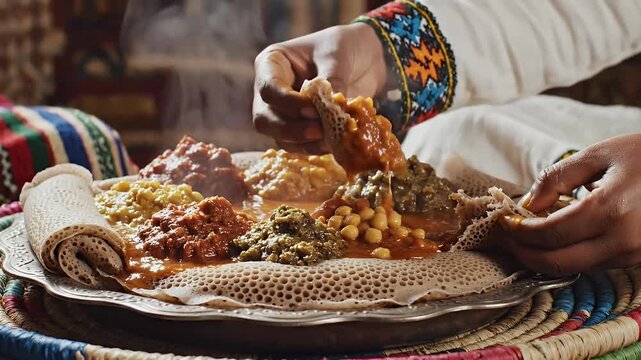 Close up of food on a plate with hands reaching for it